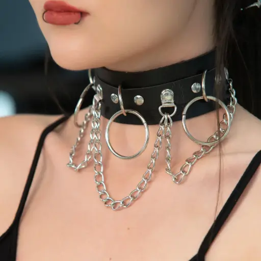 [11215] Чокер шкіряний з ланцюгами та кільцями
