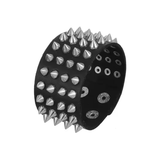[1598] Шкіряний браслет з шипами 4 ряди чорний (A)